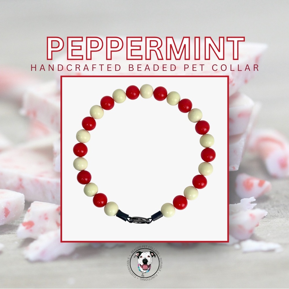 Handcrafted Beaded Dog Collar - Peppermint - red and white Collar